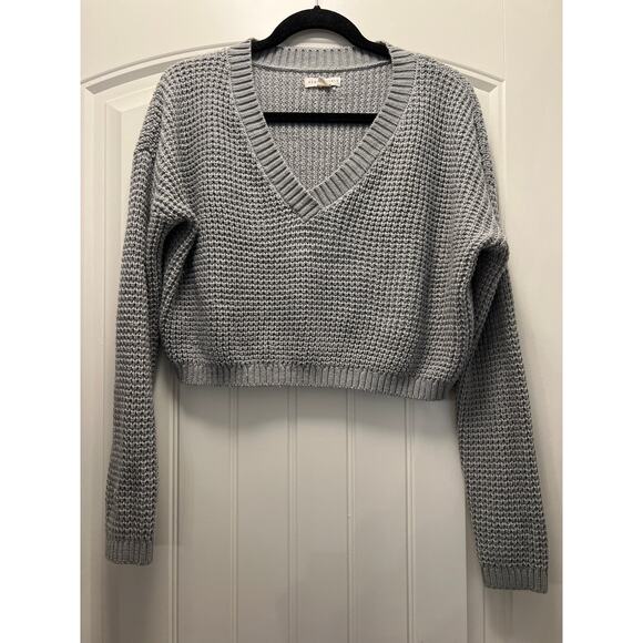 Aeropostale Women’s V Neck Waffle Knit Pullover Sweater Cropped Top‎ Size M Blue - Picture 1 of 3